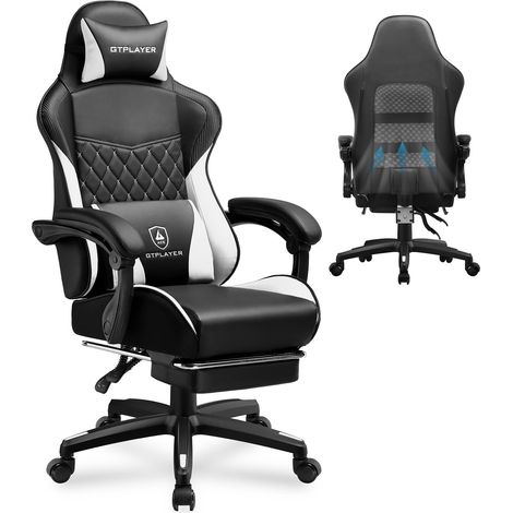 Chaise Gaming, Chaise Gamer, Chaise de Bureau Ergonomique Réglable en Hauteur, Utilisable en Hiver et en Été, avec Dossier Double, Repose-Pieds, Housse Amovible et Support Lombaire Blanc