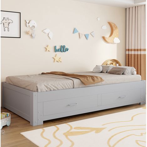 Divano letto con letto estraibile 90x190 cm estendibile fino a 180x190 cm con 2 cassetti, rete a doghe, legno - grigio (1/5)