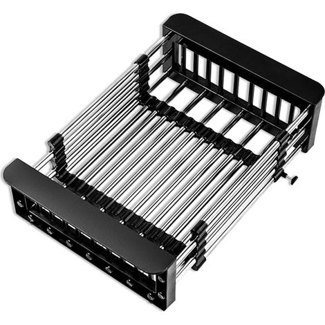 Au-Dessus de l'évier Égouttoir à Vaisselle, Passoire d'évier rétractable en Acier Inoxydable Panier de vidange télescopique Support(L-Le Noir)
