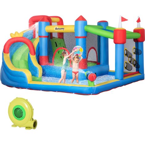 6 in 1 Kids Bouncy Castle, with Water Slide, Water Gun, Climbing Wall, Air Blower for Indoors/Outdoors, 3.9 x 3 x 2m