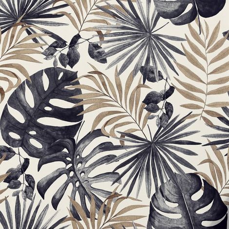Jungle Wall Wallpaper Palm Leaves Tropical Leaf Black Gold Foil Metallic Textured Vinyl (1/2)