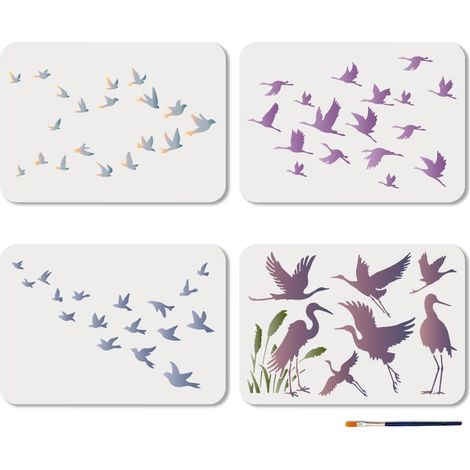 4 pcs Pochoir Troupeau D'oiseaux Réutilisable Pochoir Oiseaux en Vol 29.7x21cm Modèle Dessin Migration avec Pinceau pour Mur Meuble Toile Scrapbook Décoration (1/5)