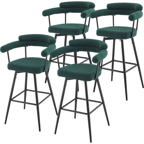 ML-Design Set di 4 Sgabelli da Bar Girevoli 360° in Tessuto Teddy Verde Scuro, Altezza 76 cm, Sedili con Braccioli e Schienale Imbottito, Sedie con Poggiapiedi per Cucina e Bistro con Gambe in Metallo