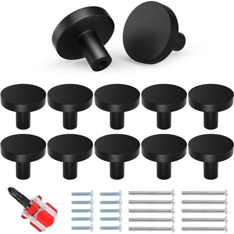 Lot de 10 poignées de meuble en métal noir – Diamètre 30mm – Hauteur 25mm – Vis incluses 23mm et 40mm – Pour portes et tiroirs (1/5)