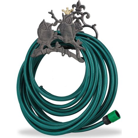 Enrouleur tuyau arrosage mural en fonte – Support décoratif avec chouette – Capacité jusqu'à 30 m – Dimensions H23xL24xP15 cm (1/5)