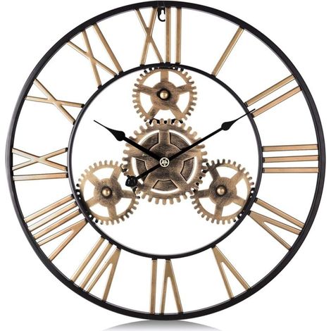 50cm 1 Pièces Horloge Murale Geante Métal, Engrenages Or Industrielle Silencieuse Pendule Murale Chiffres Romains Déco pour Salon Bar (1/4)