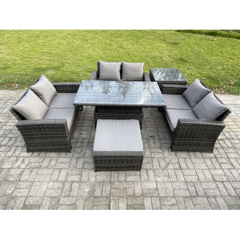 Fimous 7-Sitzer Rattan Gartenmöbel Sitzgruppe mit Einstellbare Höhe Esstisch Doppelsitz-Sofa Großer Fußhocker Beistelltische (1/5)