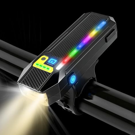 Faro LED para bicicleta – Luz lateral RGB y sensor de luz – Batería USB-C de 2400 mAh – Resistente al agua – Giratorio 360° (1/4)