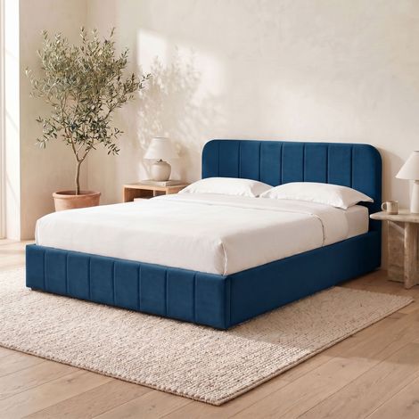 Lit coffre latéral 160x200 cm sommier + tête de lit en velours bleu (1/5)