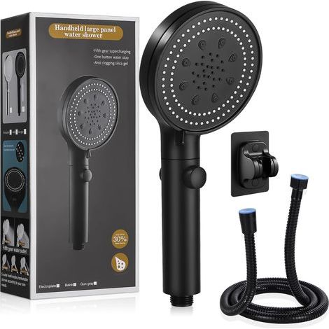 Pommeau de douche haute pression – 6 modes avec tuyau inox 1,5m – économie d'eau – buses silicone – installation universelle – Noir (1/5)