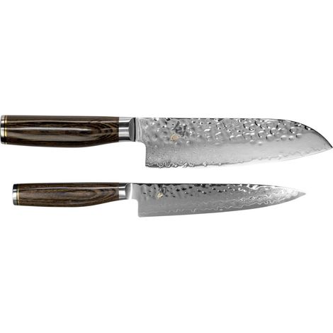 KAI TDMS-230 Shun Premier Tim Mälzer Set di Coltelli da Cucina Santoku 18 cm e Multiuso 16,5 cm Acciaio VG-MAX 61 HRC Manico in Noce colore Marrone (1/5)