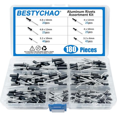180pcs 6 tailles rivets aveugles en aluminium, kit d'assortiment de rivets pop (noir) (1/5)