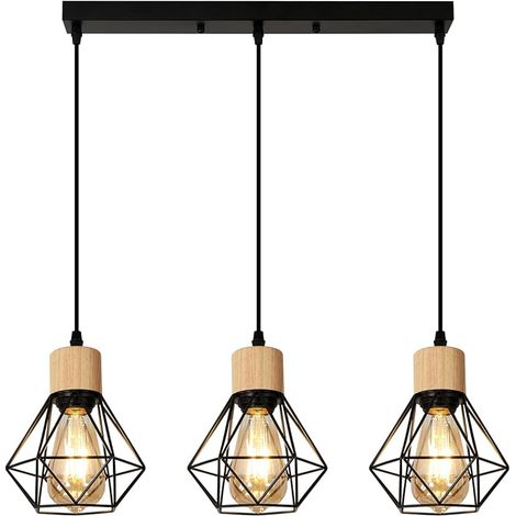 3 Lampes Suspension Luminaire Industrielle, Vintage E27 Luminaire Suspension Lustre Abat-jour en Métal et Bois, Lampe de Plafond E27 pour Salon Cuisine Chambre Salle à Manger, Noir (1/5)