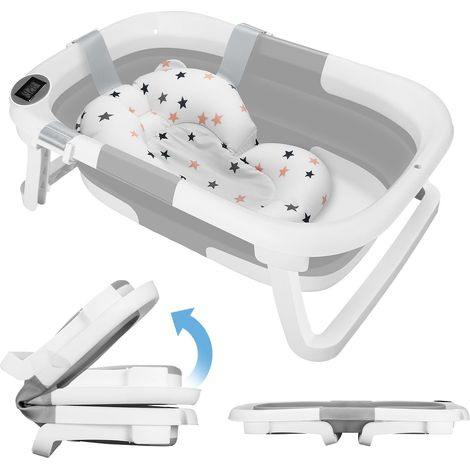Baignoire Bebe Pliable avec Thermometre Digital, Baignoire Bebe avec Coussin Baignoire Bebe avec Prise Pommeau de Douche, Ergonomique et Peu Encombrante, Convient Aux Bébés de 0 à 36 Mois