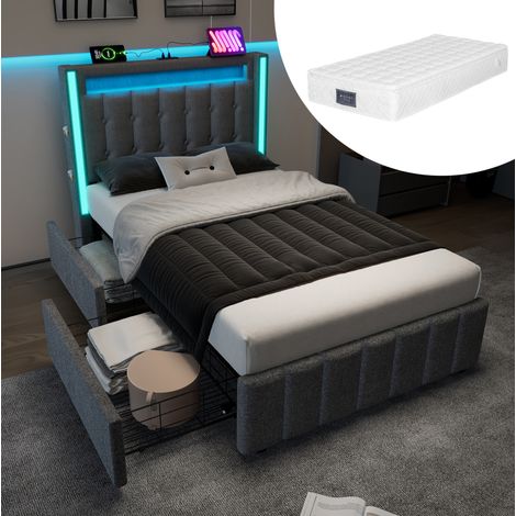 Cama juvenil tapizada con LED USB y cajones gris OKMYHOME (1/5)
