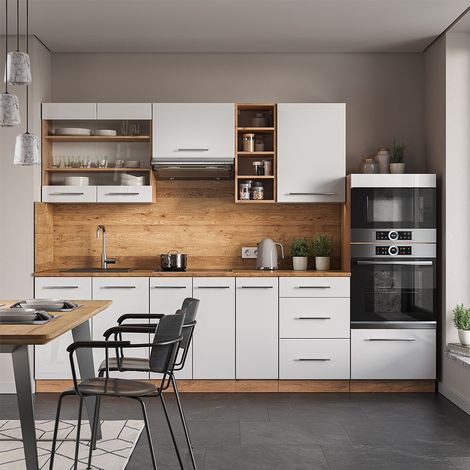 Cucina componibile Fame-Line, Bianco lucido/oro power oak, 280 cm , PL Antracite, Vicco