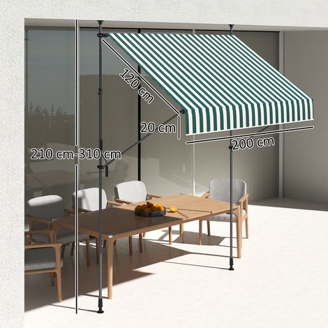 Auvents 2x1,2m avec supports réglables et poignées à manivelle, en aluminium, métal et polyester, de couleur verte et blanche. (1/5)