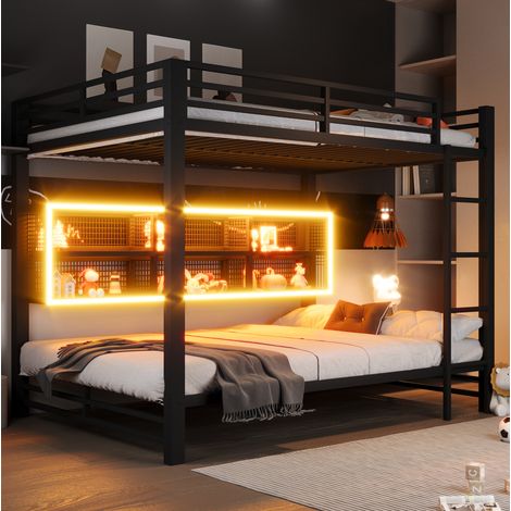 Litera 140 x 200 cm con armarios de almacenamiento y luz LED, metal, negra (1/5)