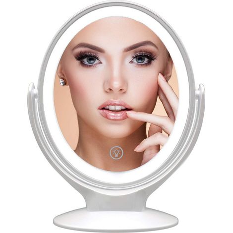 Miroir Grossissant Double Face 1x / 7X, Rotation à 360°, écran Tactile Dimmable sur 3 Niveaux, Rechargeable par USB, Miroir de Voyage Lumineux,Blanc (1/4)