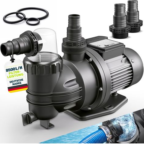 tillvex® Filterpumpe Pool 8.500L/h & 450W Schwimmbadpumpe Förderhöhe max. 9m Poolfilter Umwälzpumpe für 33m³ Pools Poolpumpe selbstansaugend für Pools Aufstellpool Spa mit Vorfilter (1/5)