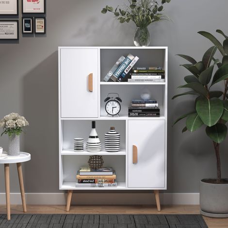 Bibliothèque scandinave 4 niches + 2 placards avec étagère dim. 80L x 24l x 123H cm Pieds effilés inclinés Bois Massif Panneaux Particules Blanc (1/5)