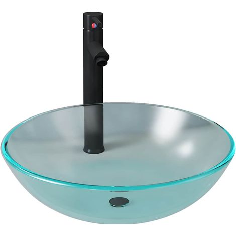 Lavabo baño grifo&desagüe de empuje vidrio templado esmerilado vidaXL