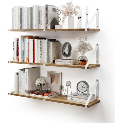 Étagères murales suspendues pour Le Mur, Lot de 3, 80 cm x 20 cm Étagère Bibliothèque pour Chambre à Coucher Salon Bureau Salle de Bain Cuisine Bois avec Support métallique (Naturel Blanc) (1/5)