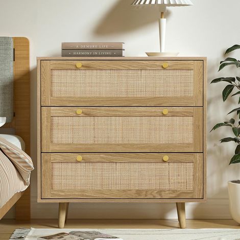 Commode Rotin 3 Tiroirs, Armoire, Meuble de Rangement, Commode Chambre Bois, Bohémien, pour Le Salon, la Chambre à Coucher, la Chambre d'enfant, la Chambre d'adolescent et Le Bureau (1/5)