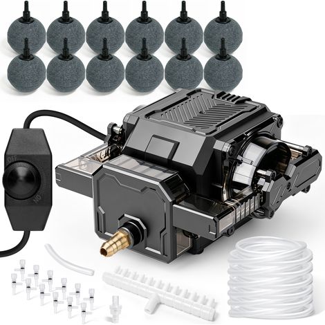 Pompe à air Aquarium Réglable 42W 4800L/H 45kPa Pompe à Oxygène pour Grand Aquariums, Étang 72.000L Aérateur de Bassin pour 12 Sorties avec Tuyau, Pierre à air et clapet Anti-Retour