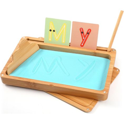 Table de Sable début d'entraînement d'écriture et de Dessin Jouet en Bois Table de Sable éducative Jouet pour Le développement Moteur précoce chez Les Enfants (Bleu) (1/5)