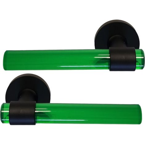 Coppia di maniglie per porte "JOY" Tubi in cristalina VERDE Piedini in acciaio inox nero Senza rosette di funzione (1/2)