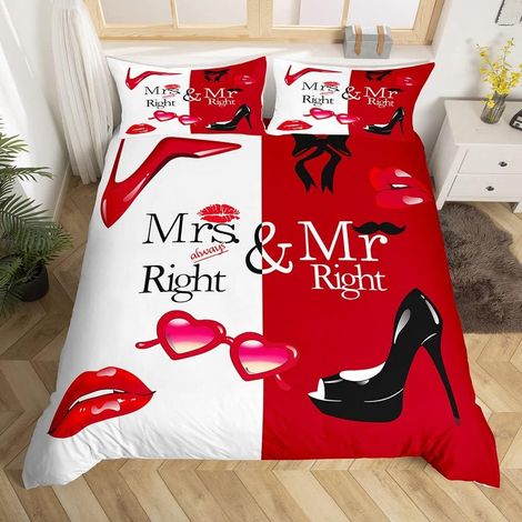 Mr Mrs Housse de Couette Creative Funny Quote Parure de Lit 200x200cm Couple Romantique Mariage Parure Housse de Couette Rouge Blanc Chambre Décor Homme Femme Sexy Rouge Noir Lèvre Talon Haut - 200x20 (1/5)