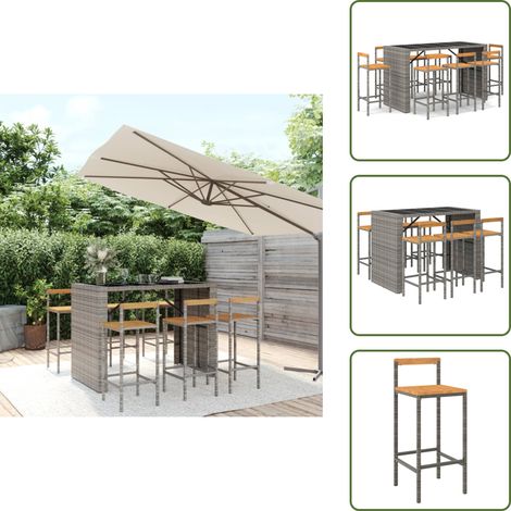 Ensemble de bar jardin 7 pcs gris poly rotin/bois massif acacia - Salon De Jardin - Mobilier De Jardin - Set De Salon De Jardin - Table De Bar - Chaise De Bar (1/5)