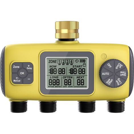 Programmateur Arrosage 4 Voies avec Entrée en Laiton, Minuteur Arrosage Automatique avec Retard de Pluie/Irrigation Manuelle, pour Serre, Pelouse et Jardin