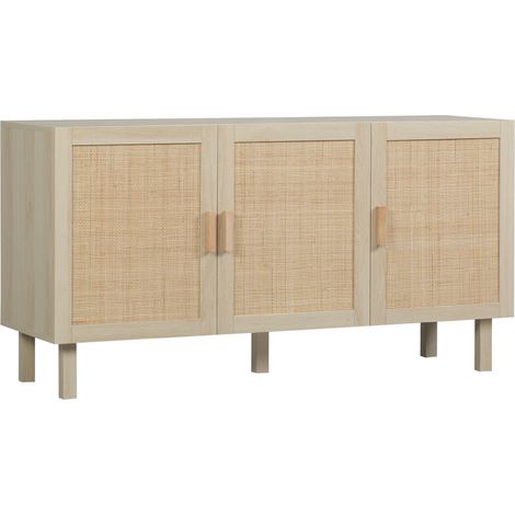 Buffet bohème 3 portes avec étagère réglable, effet cannage, meuble de rangement en bois, 136x41x70 cm, placard style ethnique.