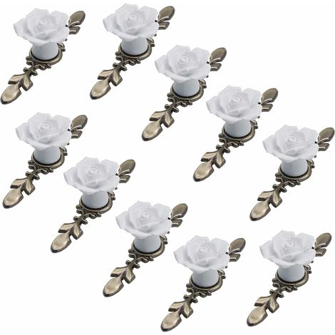 Juego de 10 pomos de cerámica para muebles, 41 mm de diámetro, diseño de roseta con placa de bronce, color blanco, 118 mm de longitud. (1/5)
