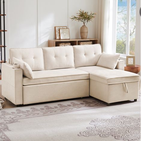 Divano angolare convertibile 211x129,5x86 cm in tessuto beige con vano contenitore FloraGrace (1/5)
