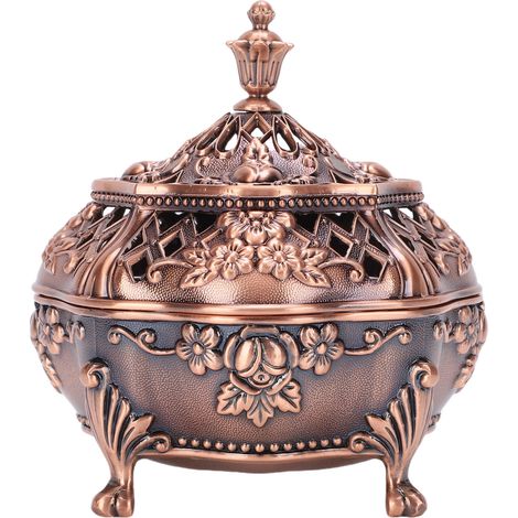 Brûleur d'encens en alliage de zinc avec couvercle, support pour bâtonnets et cônes, design sculpté ajouré élégant, couleur bronze violet, idéal décoration intérieure (1/5)
