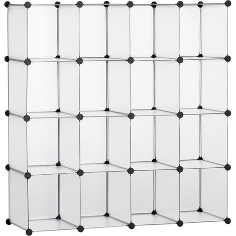 Système d'étagères modulaire blanc 16 cubes en plastique avec cadre en acier 125x32x125 cm pour enfants et salon (1/5)