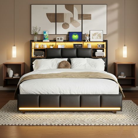 Lit adulte 140x190 cm, avec led intégrée et usb, lit coffre avec rangement hydraulique, rangement de chevet, lit 2 personne, pu noir (1/5)