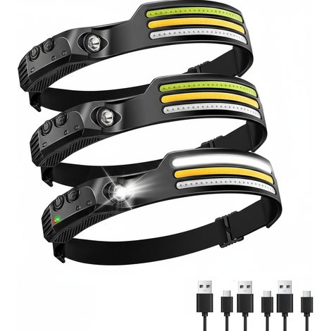 Confezione da 3 lampade frontali ricaricabili, 1000 lumen, fascio luminoso ampio 230°, lampada frontale super luminosa