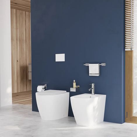 Coppia di sanitari filomuro ceramica bianco opaco vaso rimless copriwc soft close e bidet Europa Small