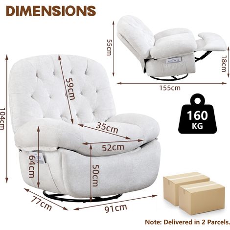Fauteuil inclinable pivotant et berçant capitonné nuage - Velours chenille blanc cassé, rotation 360°, balancement, plusieurs positions d'inclinaison (1/5)