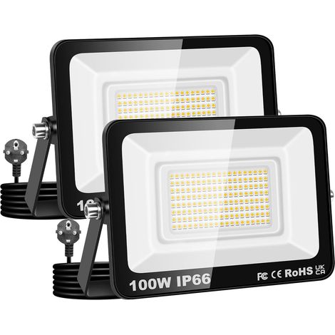 2 Pack Projecteur d'extérieur 100W,Sécurité projecteur 10000lm avec prise 230V,IP66 étanchéité lampe de travail extérieure,4000K éclairage extérieur blanc chaudpour cour patio parking jardin