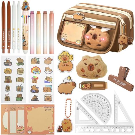 26 Pièces Ensemble Papeterie Capybara, Trousse à Crayons Kawaii avec Stylos, Règle, Autocollants de Rentrée Scolaire pour Filles et Garçons de 4 à 15 Ans (1/5)