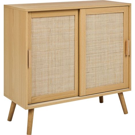 Aparador de ratán madera clara 80 x 35 cm 2 puertas estantes patas madera Hodgen