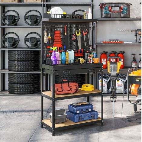 Banco da lavoro 80 x 40,5 x 155 cm con pannello forato, ganci, cassetto e 2 ripiani nero OKMYHOME (1/5)