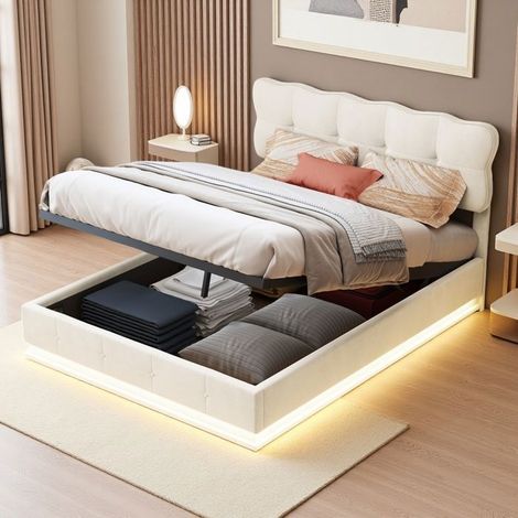 Lit Coffre Double 160x200 - Mécanisme Hydraulique Silencieux - Velours Beige - Éclairage RGB (1/5)