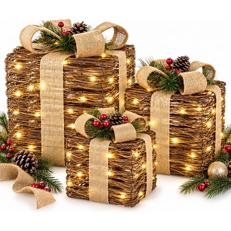 Décoration de Noël LED, cadeau, noir et beige, 30 x 26 x 26 cm, 25 x 21 x 21 cm, 18 x 17 x 17 cm (1/5)