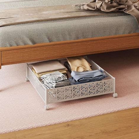 Lot de 2 boîtes de rangement sous lit avec roulettes, pliables, organisateur pour vêtements chaussures couvertures, blanc, taille S (1/5)